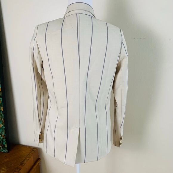 By Egreis Sz XS 2-Piece Suit Pants w/ Double Breasted Blazer Cream Blue Striped - Picture 7 of 13